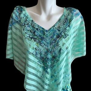 World Unity Top Set / 2 Piece / Mint Green Blue Tank with Cape Poncho / XS